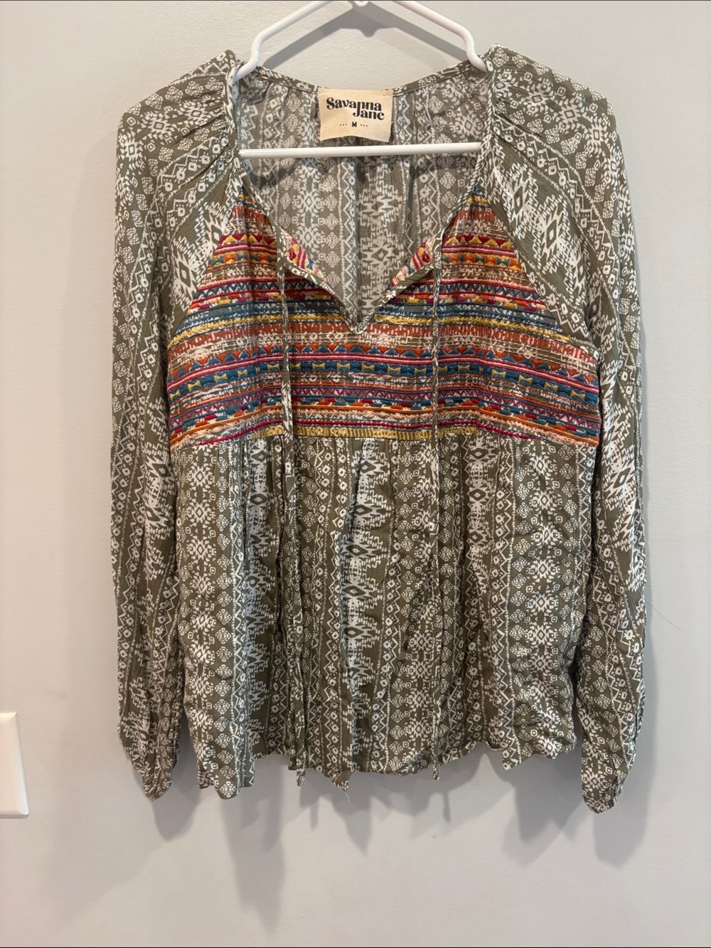 Savanna Jane Olive Printed Boho Embroidered Yoke Blouse ptp 20 length 24